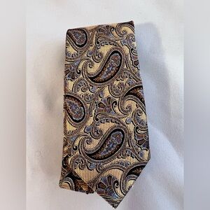 JZ RICHARDS Handmade Patterned Silk Tie Gold Black‎ Blue  Paisley Made in USA